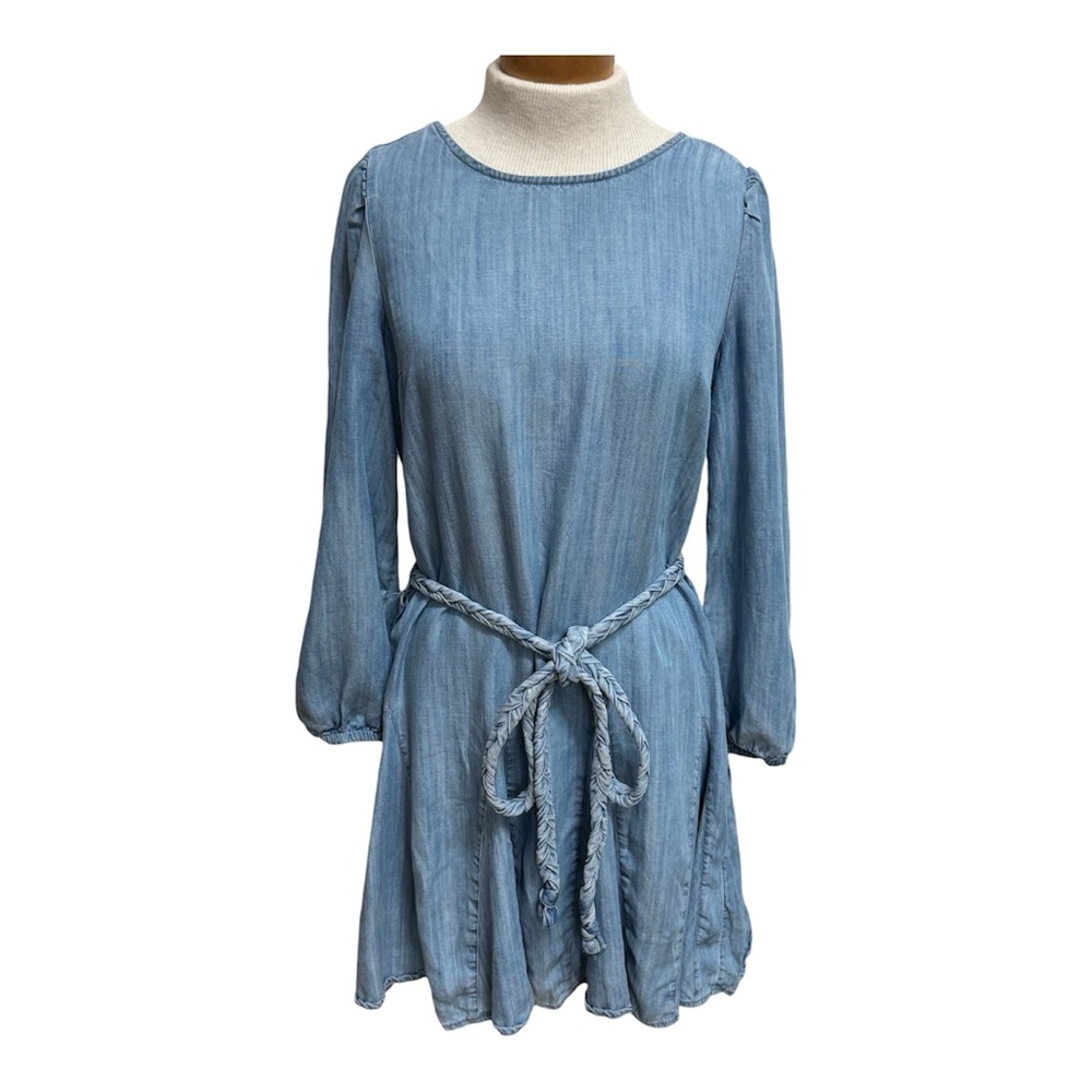 Vineyard Vines Chambray Godet Swing Mini Dress‎ Women Small Belted Long Sleeve